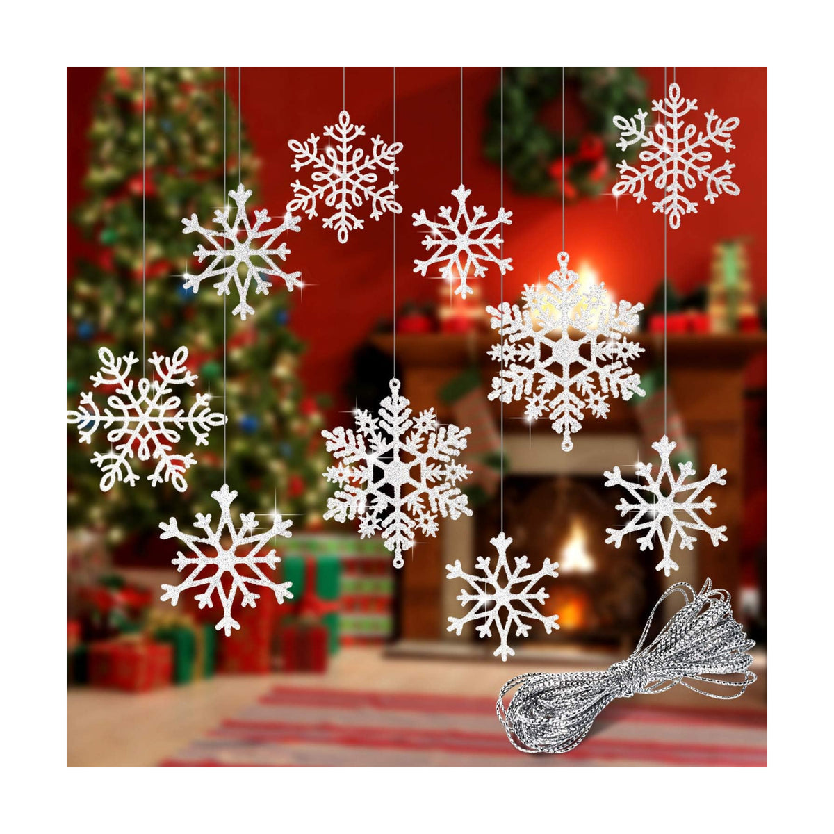 Whaline 40Pcs Silver Glitter Snowflake Winter Snowflake Ornaments Christmas Hanging Decorations with 197 Inches Silver Rope for Wedding Birthday Home Xmas Tree Window Door Accessories