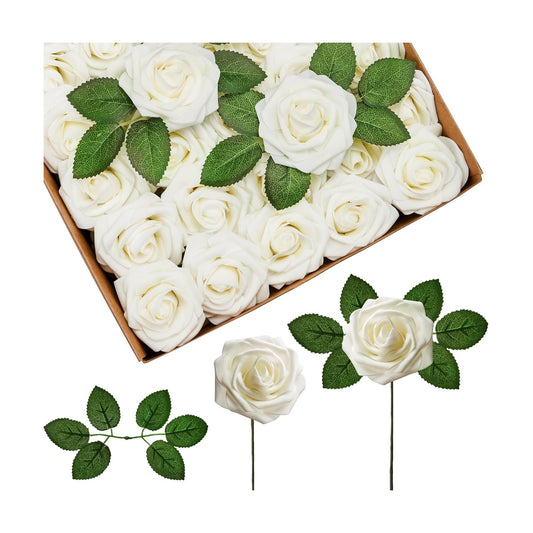 InnoGear Fake Roses 50 Pcs Ivory White Flowers Artificial Faux Foam Floral