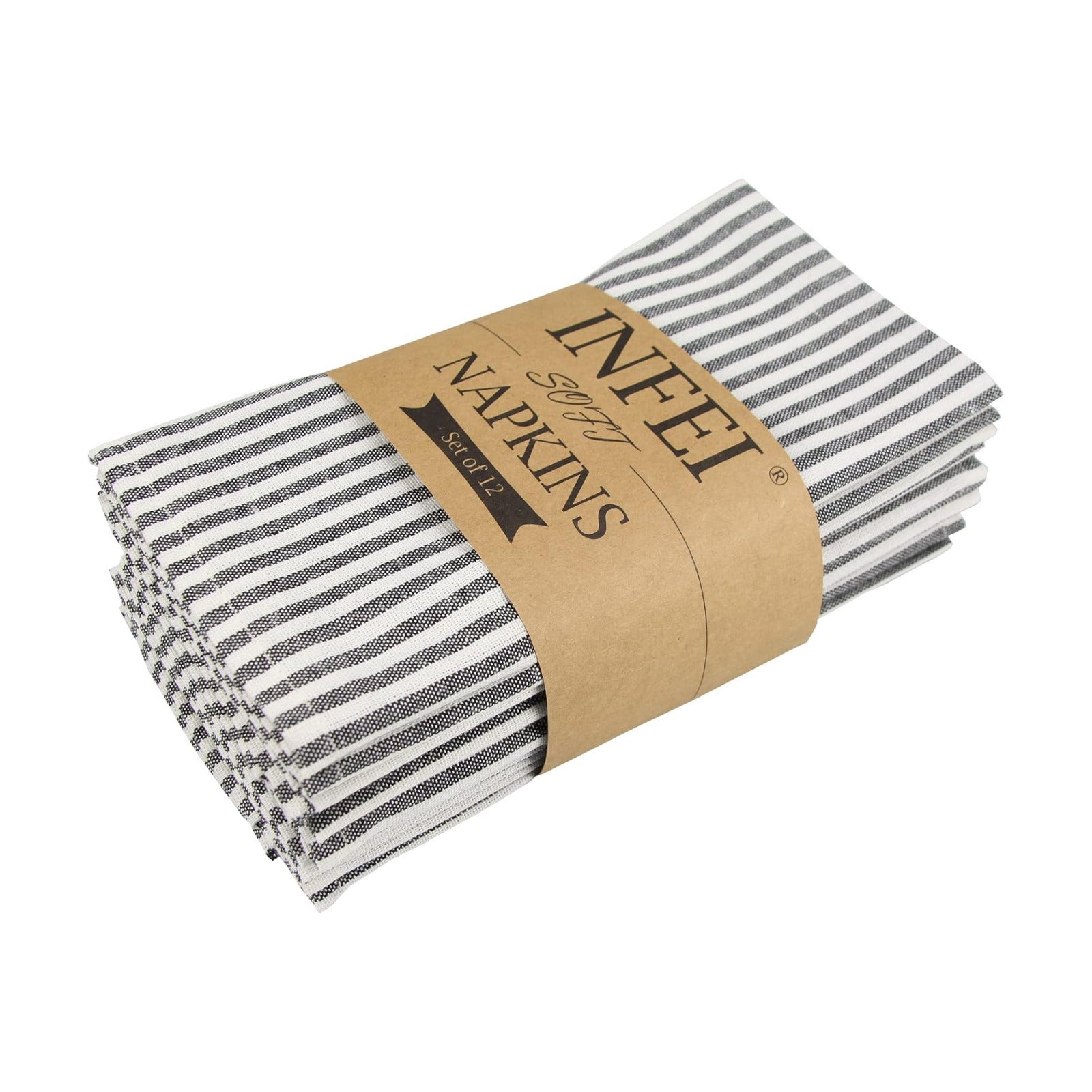 Plain Striped Cotton Linen Blended Dinner Cloth Napkins - Set of 12 (17 x 17 inches) - for Events & Home Use (Black)
