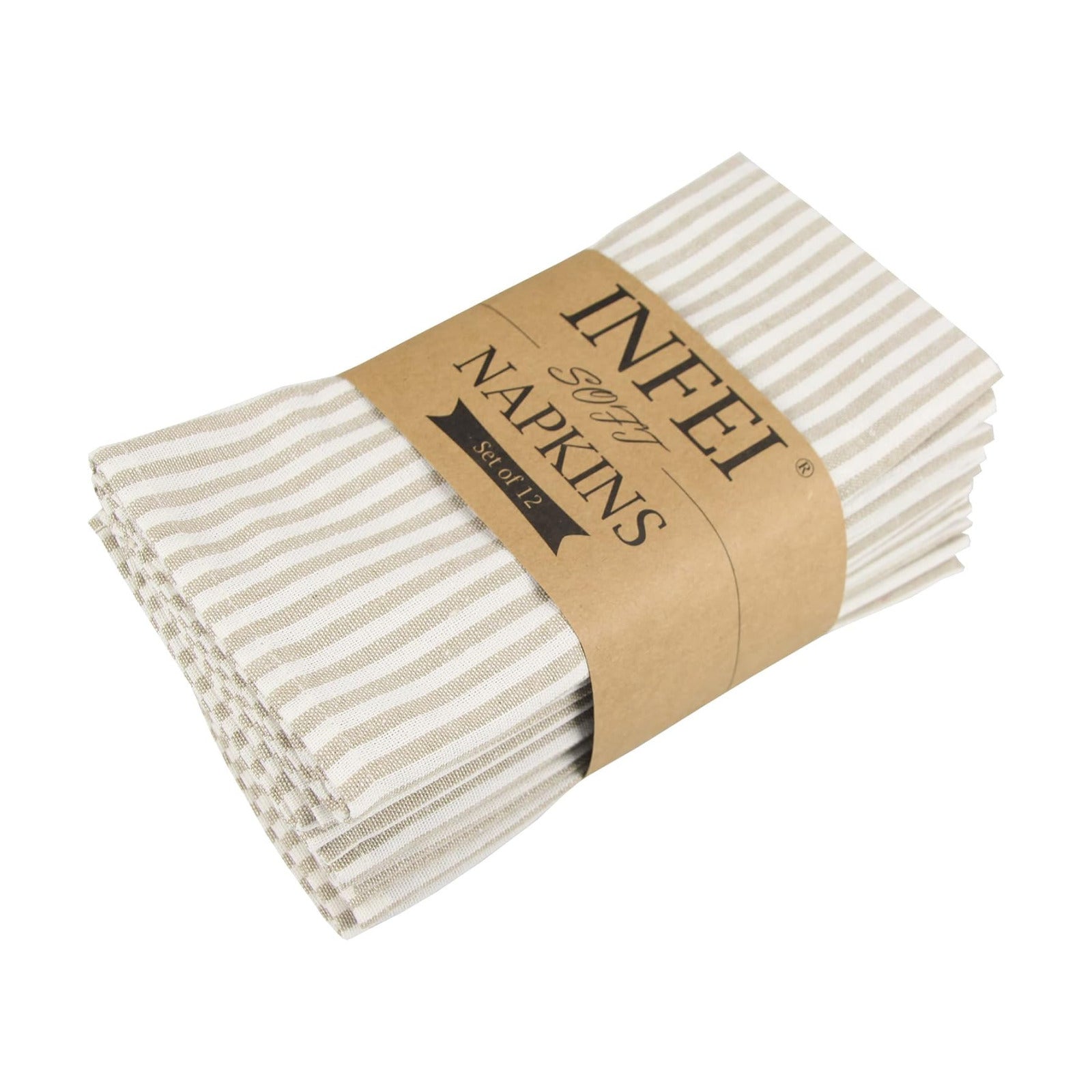 Plain Striped Cotton Linen Blended Dinner Cloth Napkins - Set of 12 (17 x 17 inches) - for Events & Home Use (Beige)