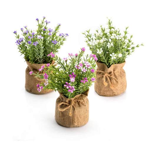 Babys Breath Artificial Flowers in Small Burlap Bag Vases -Gypsophila / White/purple/pink / Set of 3