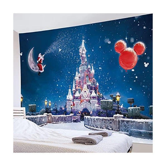 HVEST Castle Tapestry Santa Claus on Moon with Snowflake Wall Hanging Winter Scenery Tapestries for Bedroom,Living Room,Dorm Party Wall Decor,92.5Wx70.9H inches
