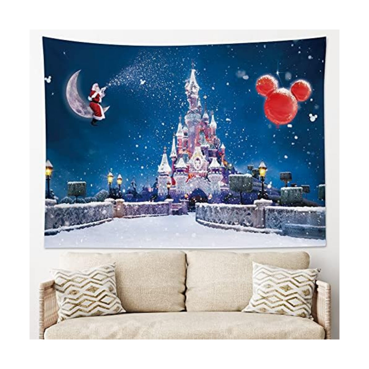 HVEST Castle Tapestry Santa Claus on Moon with Snowflake Wall Hanging Winter Scenery Tapestries for Bedroom,Living Room,Dorm Party Wall Decor,59Wx51H inches