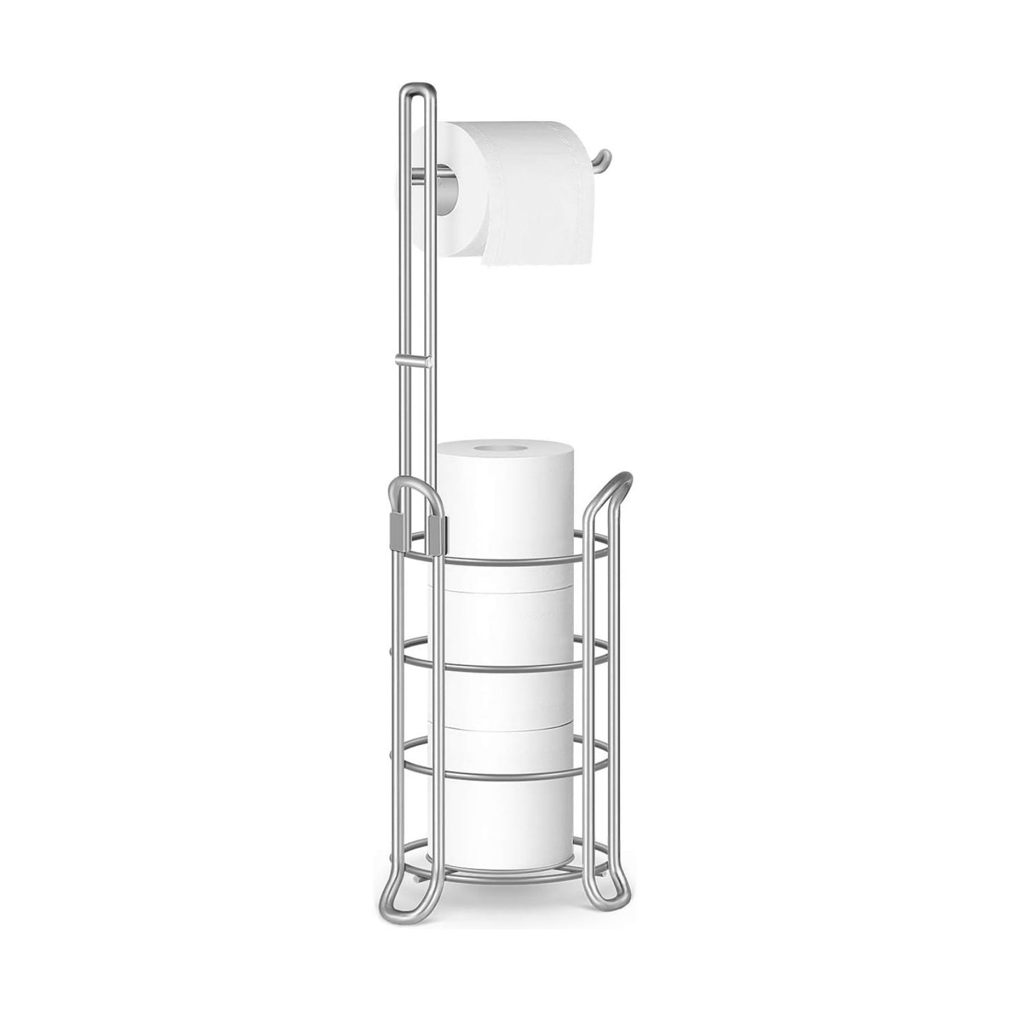 TomCare Toilet Paper Holder Stand Free Standing, Holds 4 Mega Rolls, Silver | Tool-Free Assembly, Detachable Metal Wire