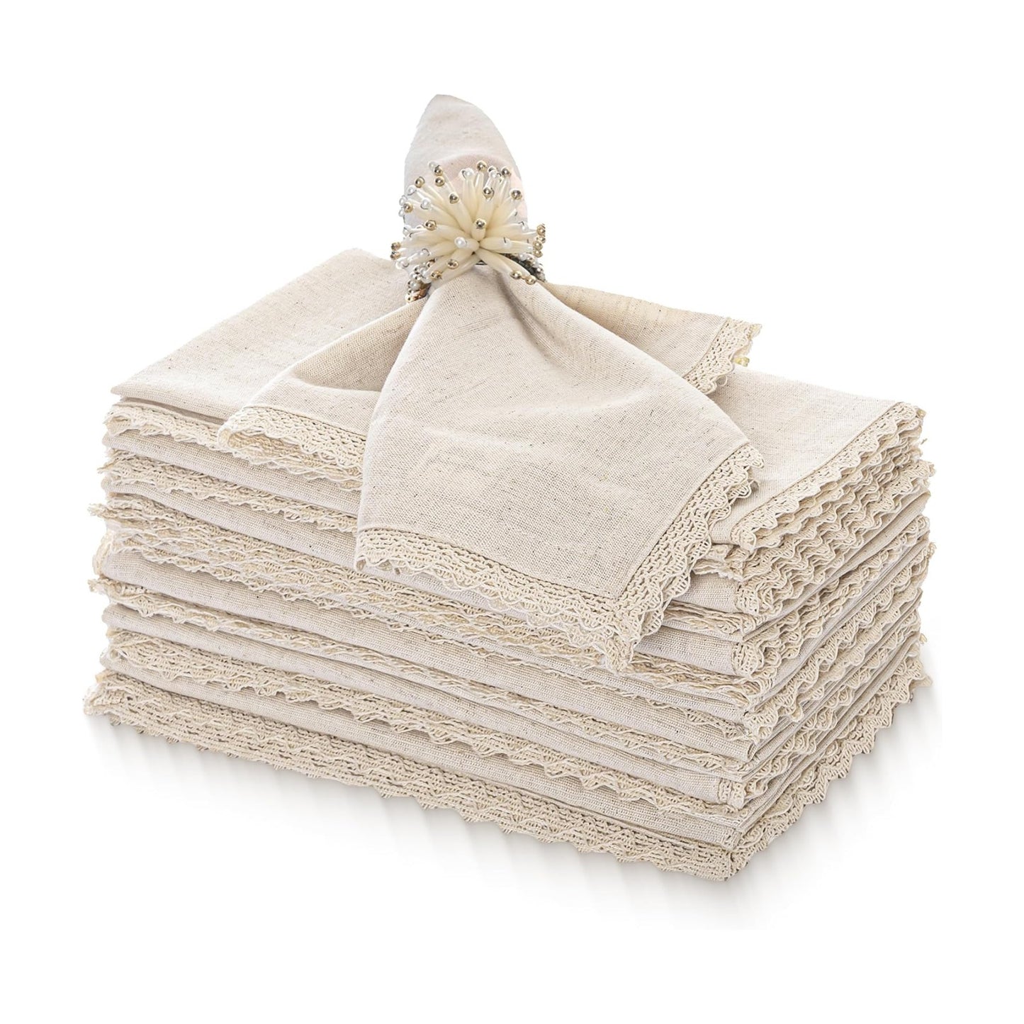 FINGERCRAFT Lace Cloth Napkins, Cotton Linen, 12 Pack, 20x20 Inch, Ivory | Premium Crochet lace, mitered Corners