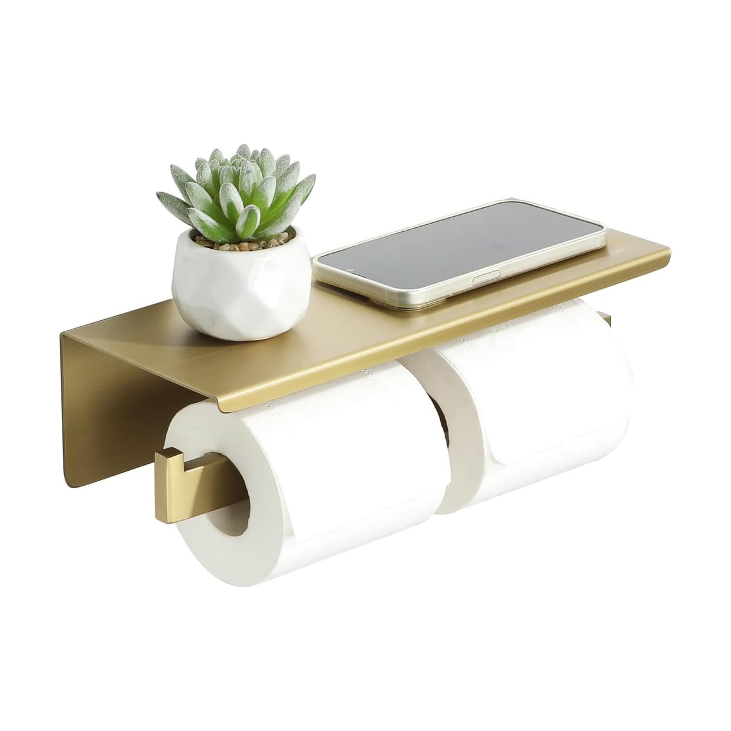 Alise Gold Double Toilet Paper Holder with Shelf,Self Adhesive or Drilling | Bathroom Tissue Holder Wall Mount,SUS304