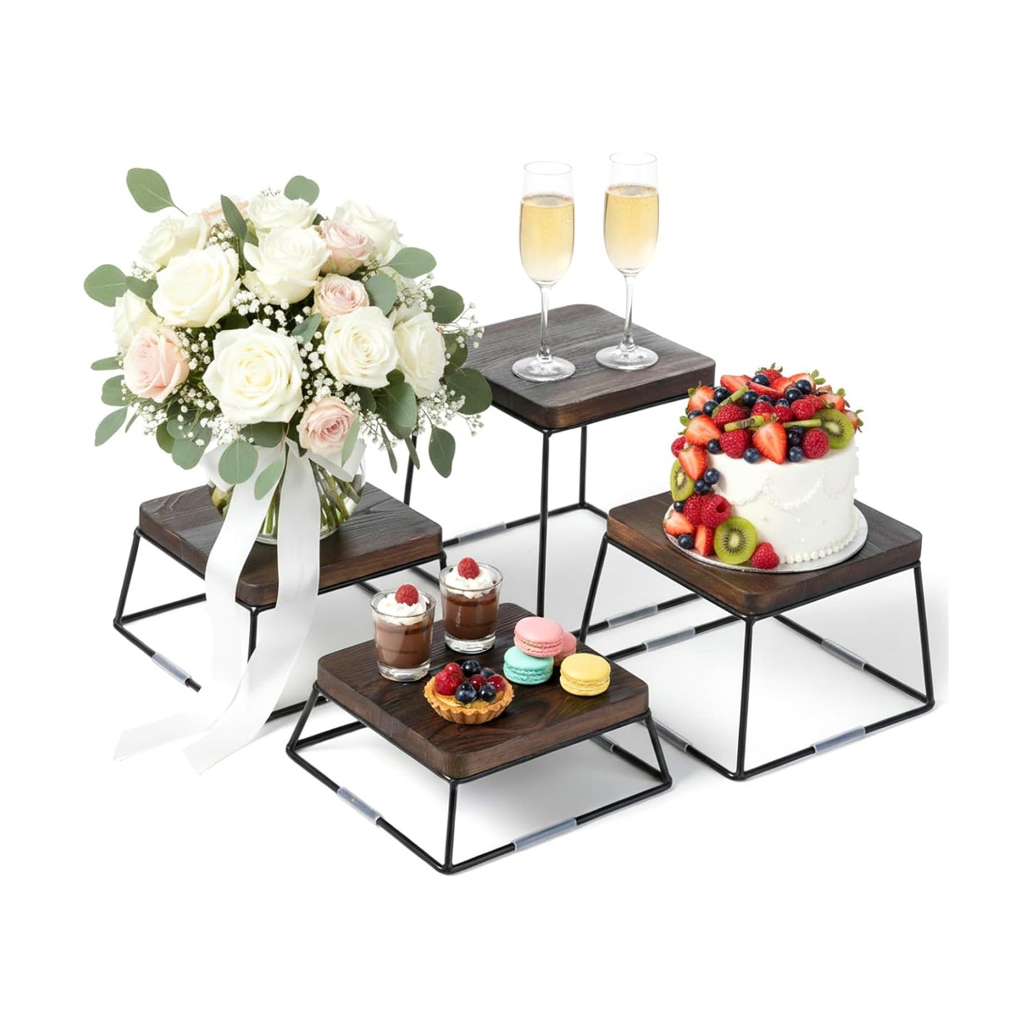 MyGift 4 Piece Dessert Display Stand Set Wood Buffet Risers Brown Metal | Matte Black Wire Bases, Nesting Display