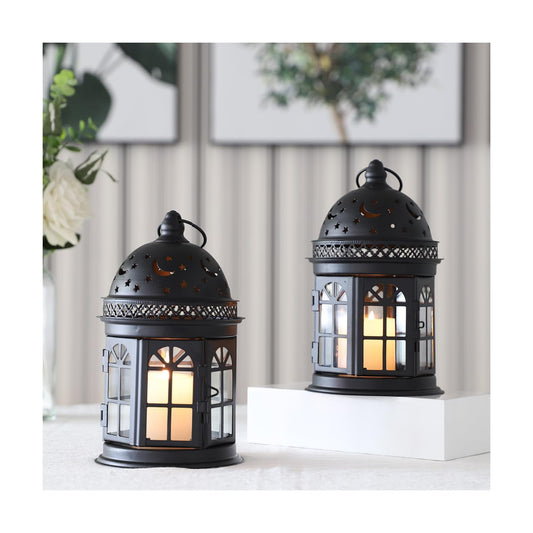 JHY DESIGN Set of 2 Decorative Lanterns-8.5inch High Vintage Style Hanging Lantern Metal Candle Holder for Indoor