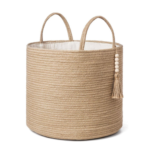 Woven Storage Basket Decorative Natural Rope Basket Wooden Bead Decoration / Brown / 16" W x 13.8"L