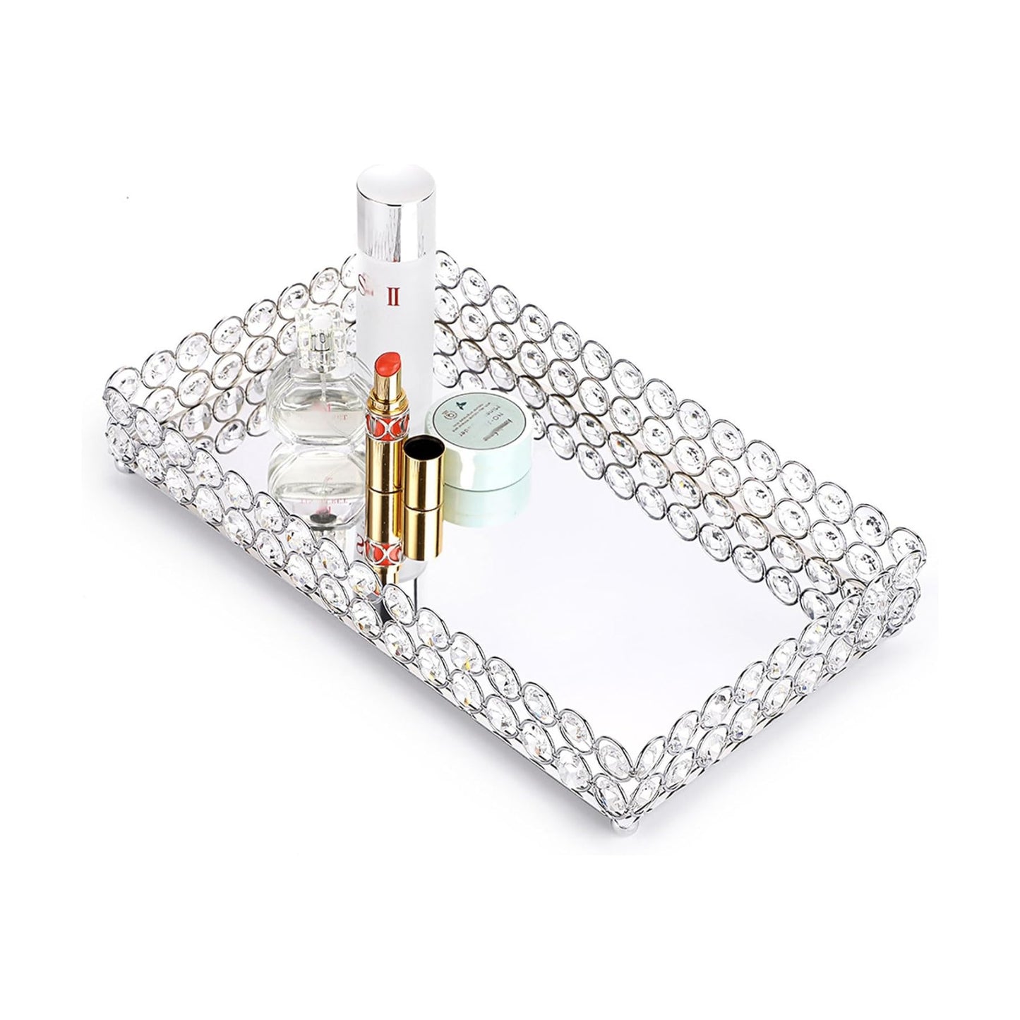 Crystal Cosmetic Vanity Tray / 13.8 x 7.9 x 2 / Silver