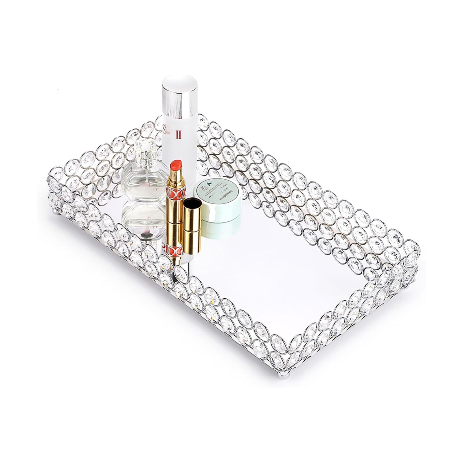 Crystal Cosmetic Vanity Tray / 13.8 x 7.9 x 2 / Silver