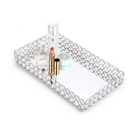 Crystal Cosmetic Vanity Tray / 13.8 x 7.9 x 2 / Silver