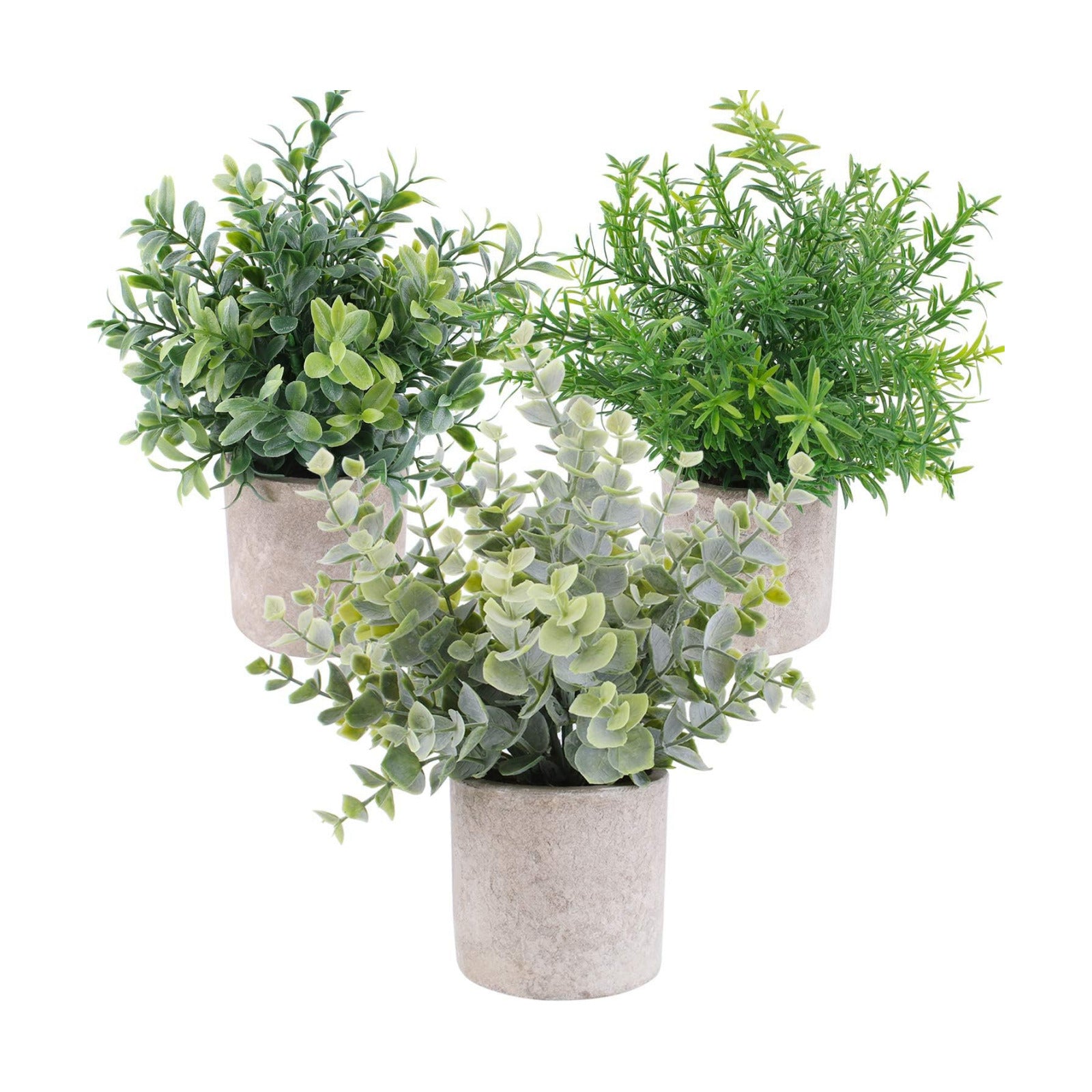 Mini Artificial Potted Plants Faux Eucalyptus Plants Boxwood Rosemary Greenery in Pots / Set of 3