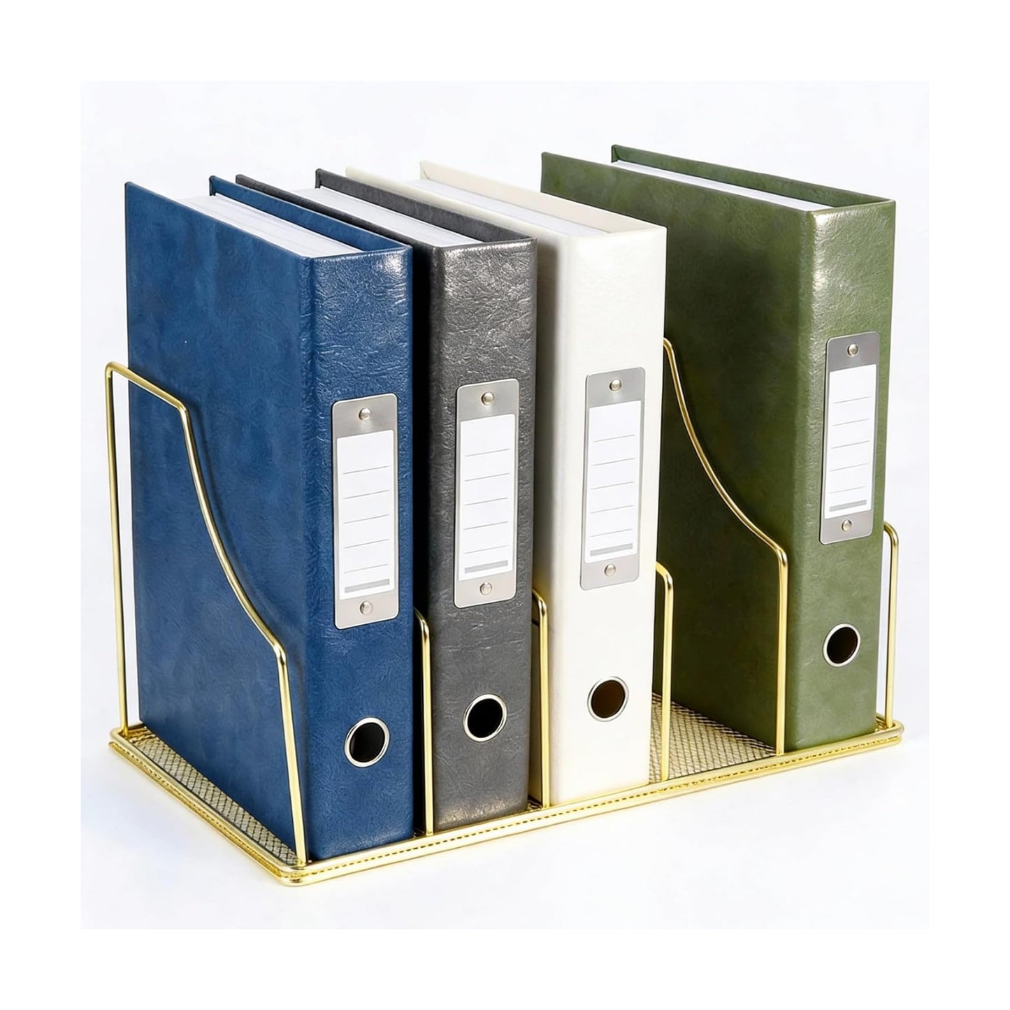 Gold Binder Organizer for Desk, 5 Slot Metal Wire Vertical File Sorter with Mesh Bottom, Large Desktop Magazine Holder