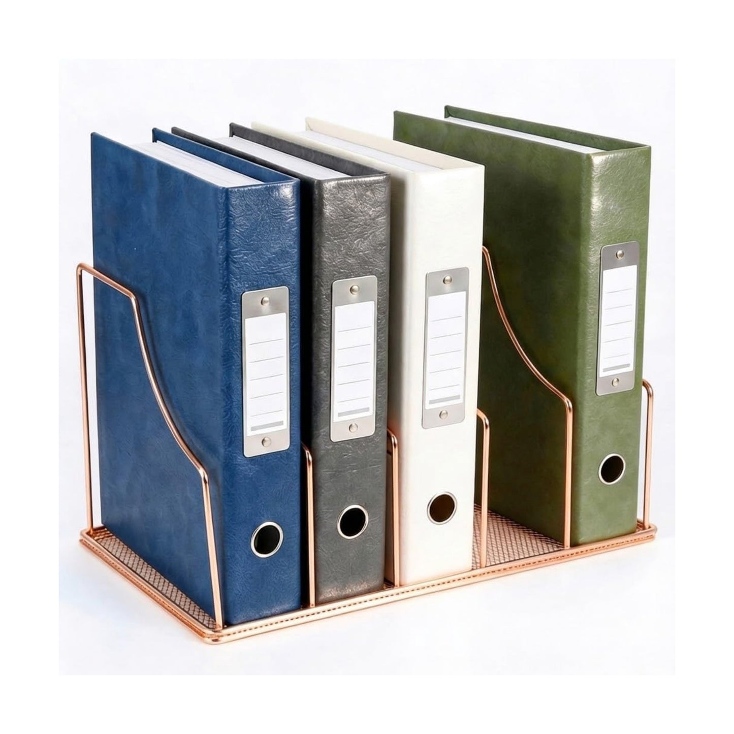 Rose Gold Binder Organizer for Desk, 5 Slot Metal Wire Vertical File Sorter with Mesh Bottom, Desktop Magazine Holder