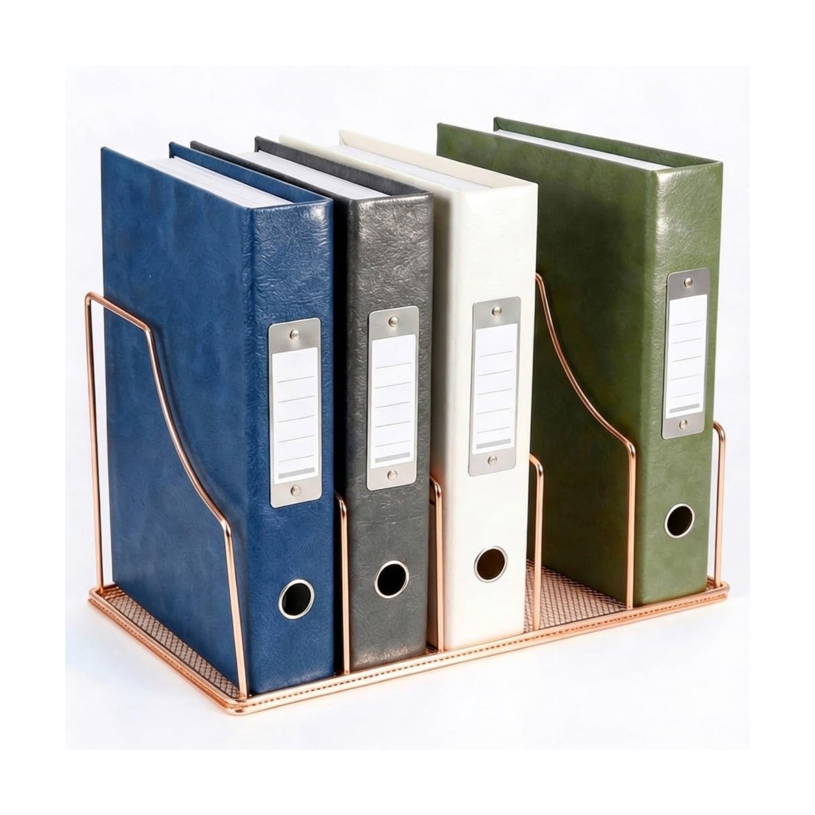 Rose Gold Binder Organizer for Desk, 5 Slot Metal Wire Vertical File Sorter with Mesh Bottom, Desktop Magazine Holder