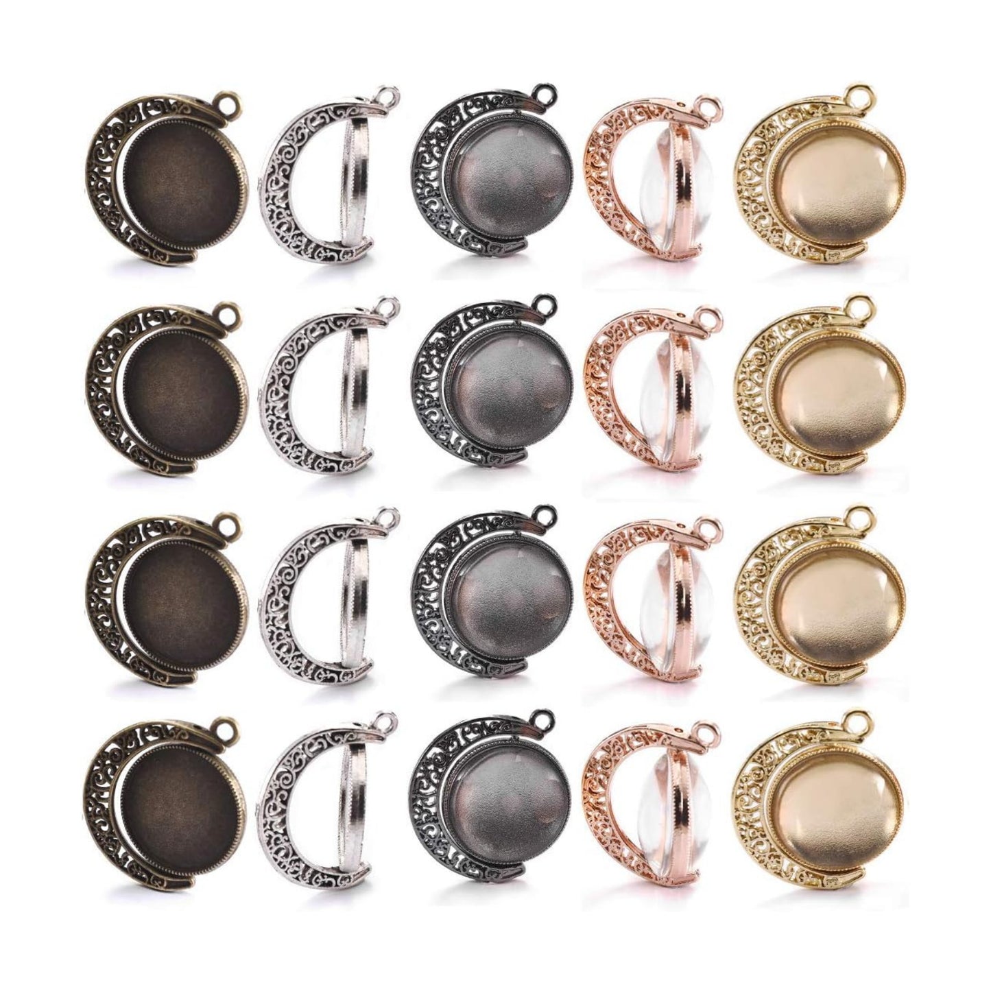 Moon Rotation Pendant Trays Kit- Double Side Cabochon Setting and Rond Glass / 25mm / Set of 60