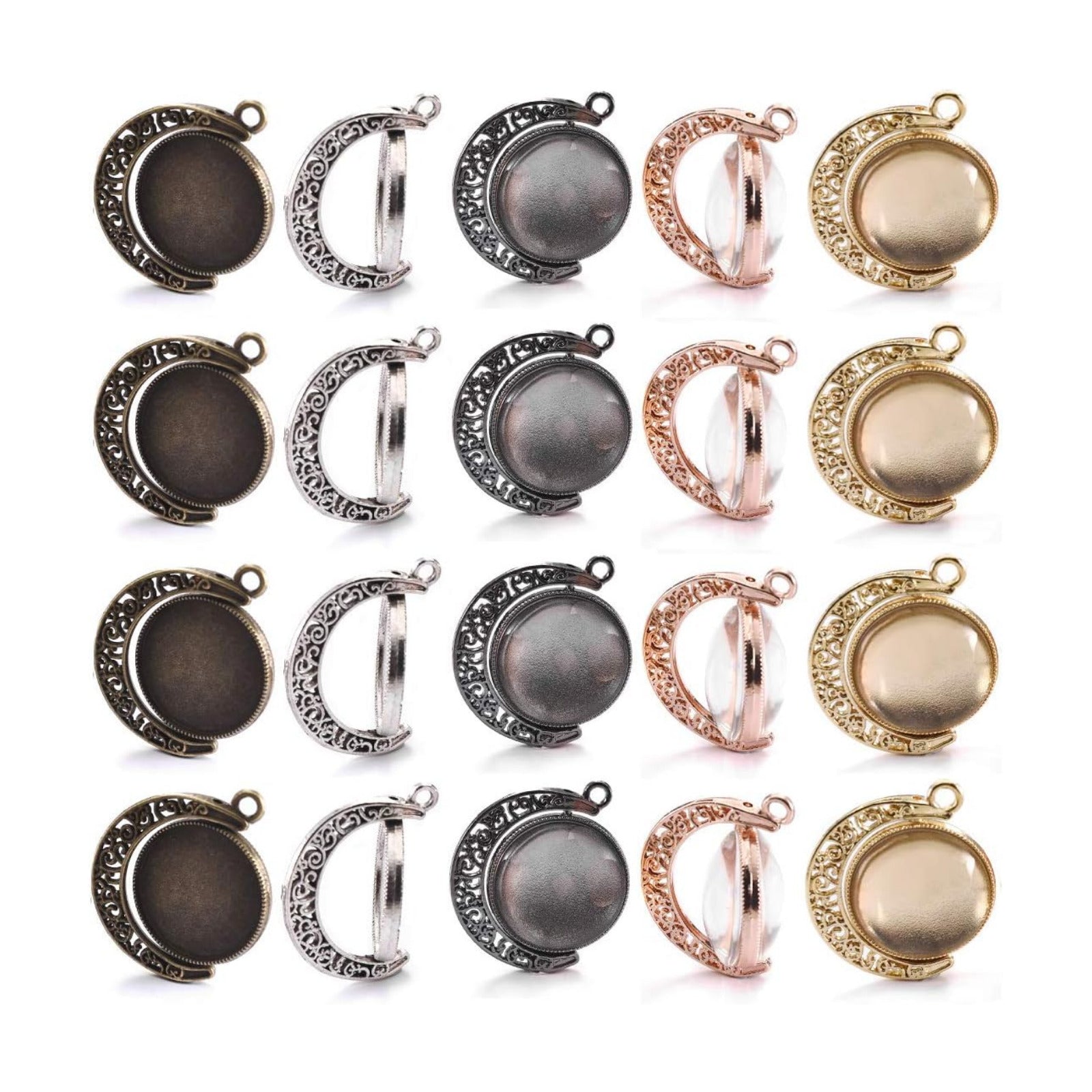 Moon Rotation Pendant Trays Kit- Double Side Cabochon Setting and Rond Glass / 25mm / Set of 60