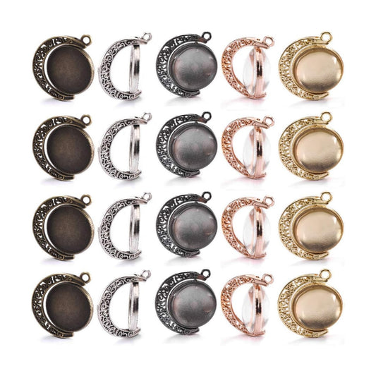 Moon Rotation Pendant Trays Kit- Double Side Cabochon Setting and Rond Glass / 25mm / Set of 60