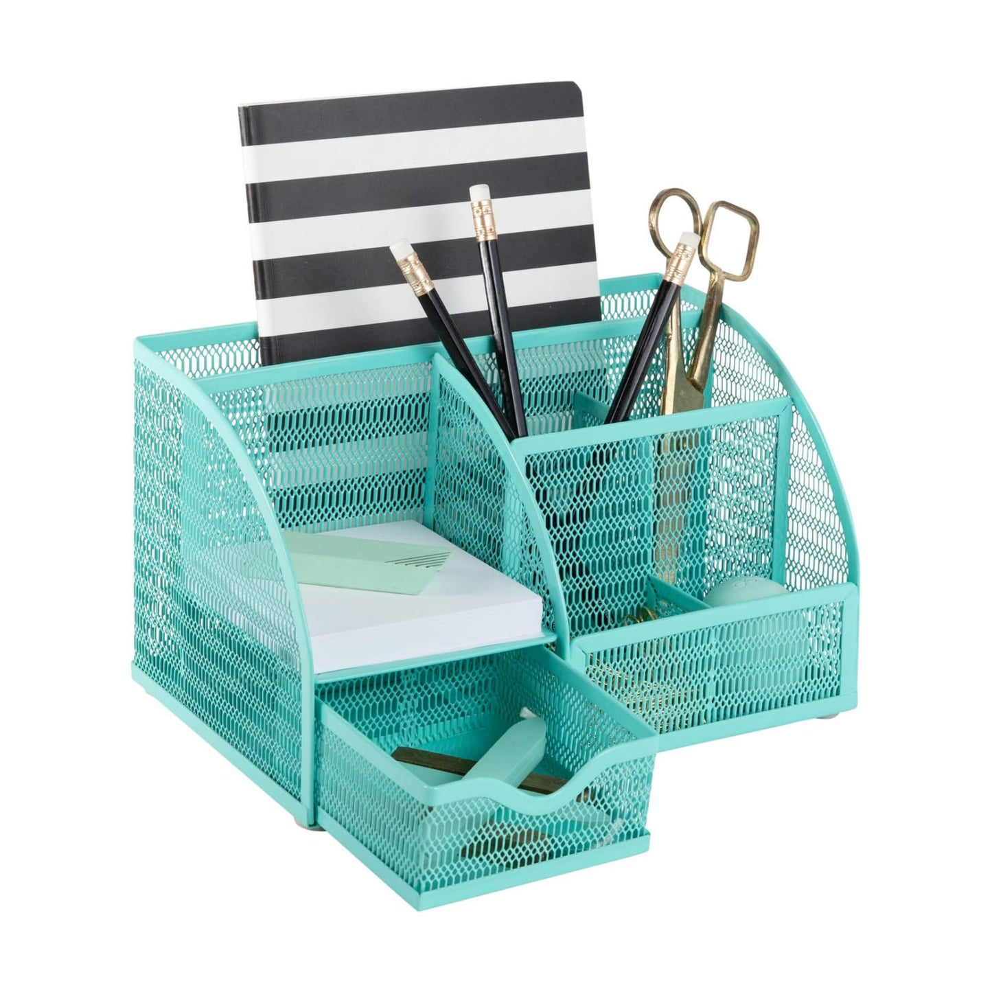 BLU MONACO Aqua Desk Organizer | Metal Turquoise Stationery Holder With Drawer and Compartments | Desktop Storage for