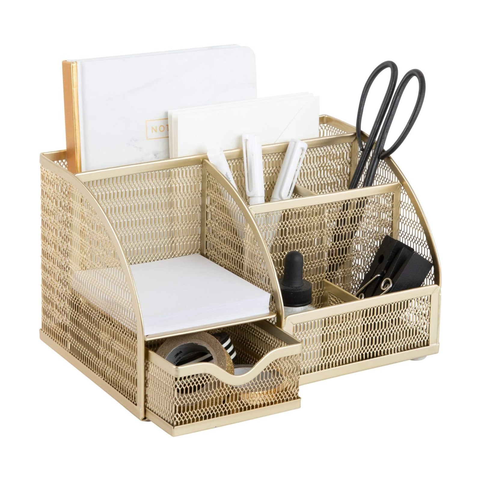 BLU MONACO | Gold Desk Organizer with Drawer | Metal Desktop Caddy with Six Compartments for Office Supplies | Stylish