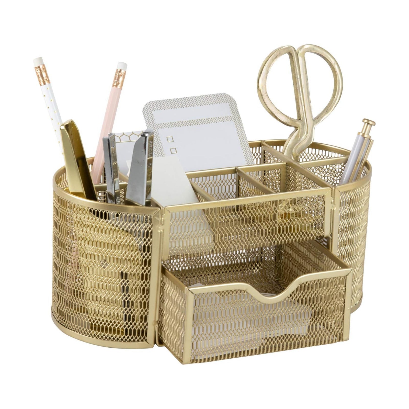 BLU MONACO | Gold Desk Organizer Set with Drawer | Metal Mesh Desk Accessories for Women | Stylish Desktop Organizer