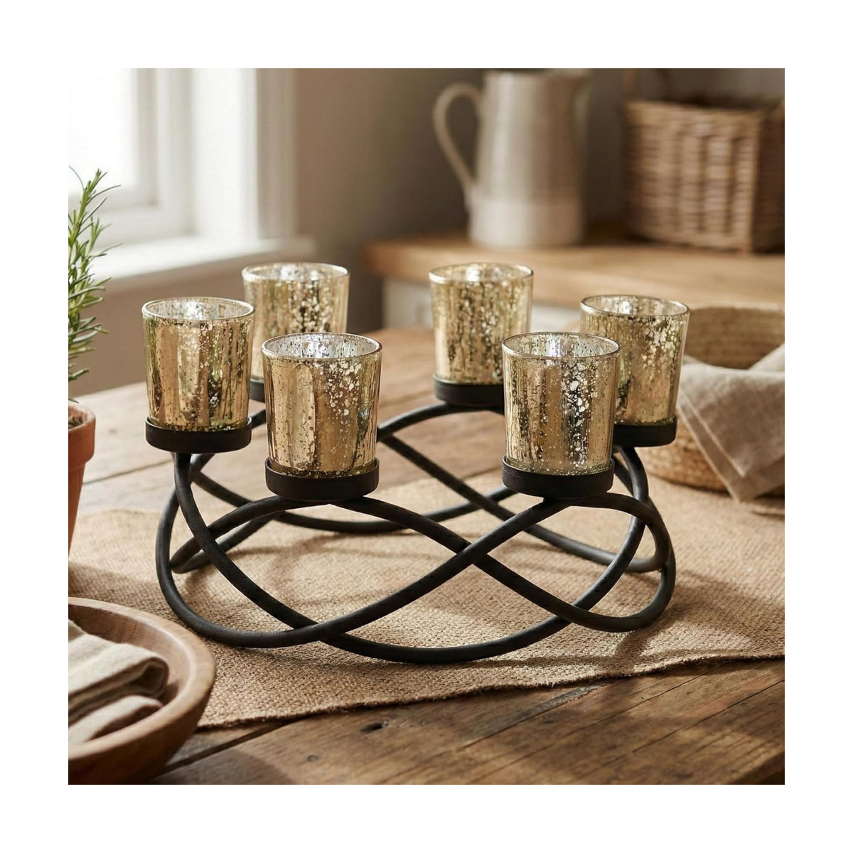 Seraphic Centerpieces for Kitchen Table Decor, Tealight Candle Holder, Gold