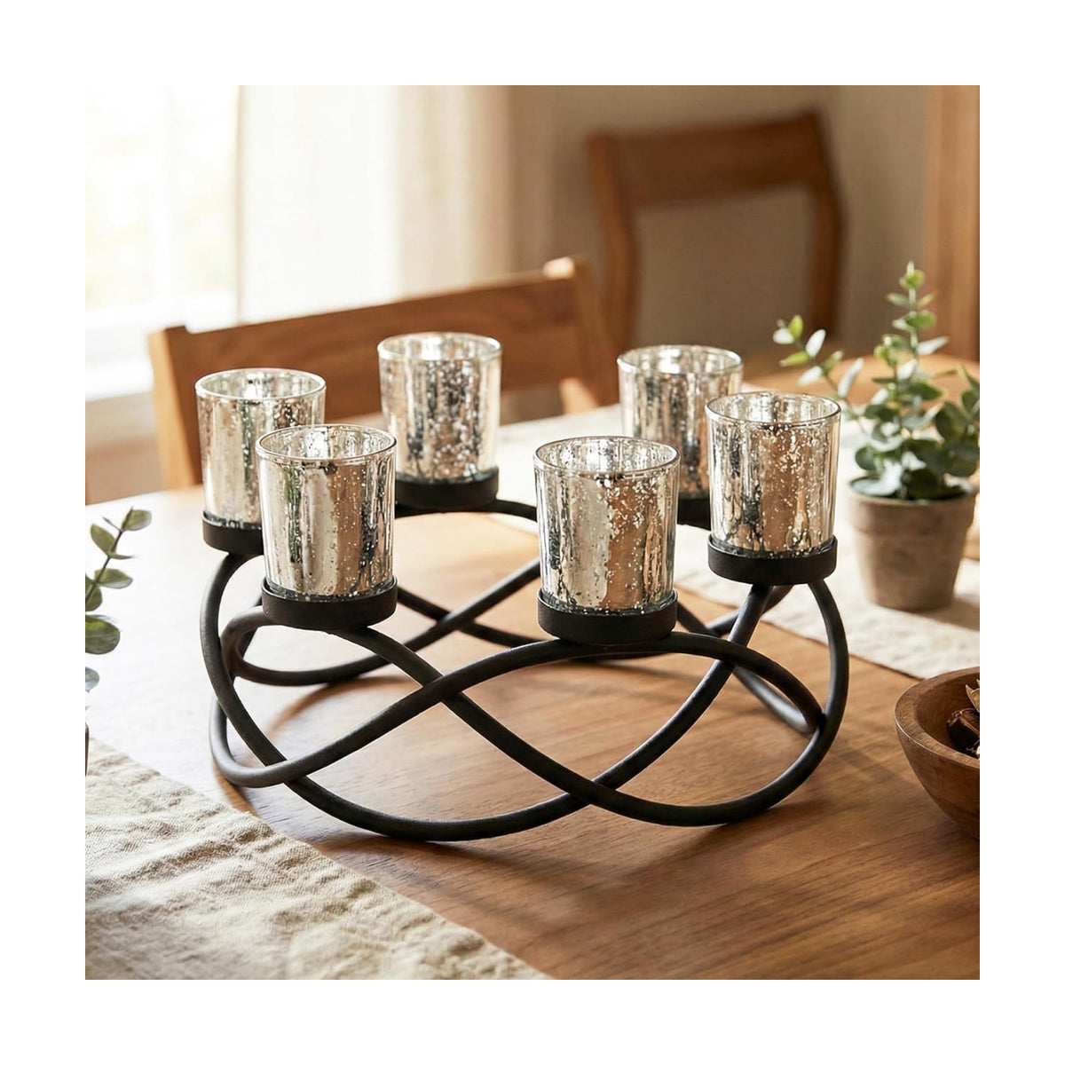 Seraphic Kitchen Table Centerpiece Decor, Tealight Candle Holder, Silver