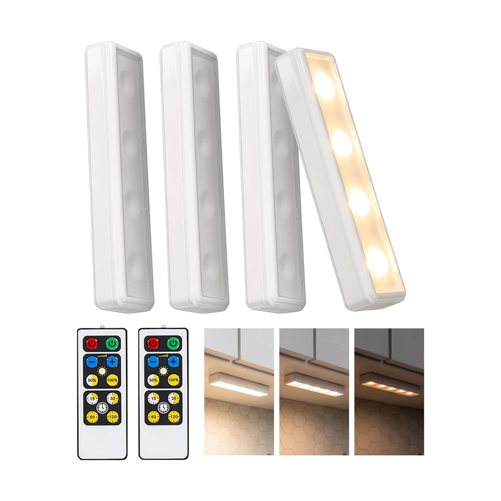 0.6" Ultra-Thin Wireless Under Cabinet Lights - 4 Pack, 8.5"L Battery-Operated LED Fixtures with 2 Remotes 3000K Warm