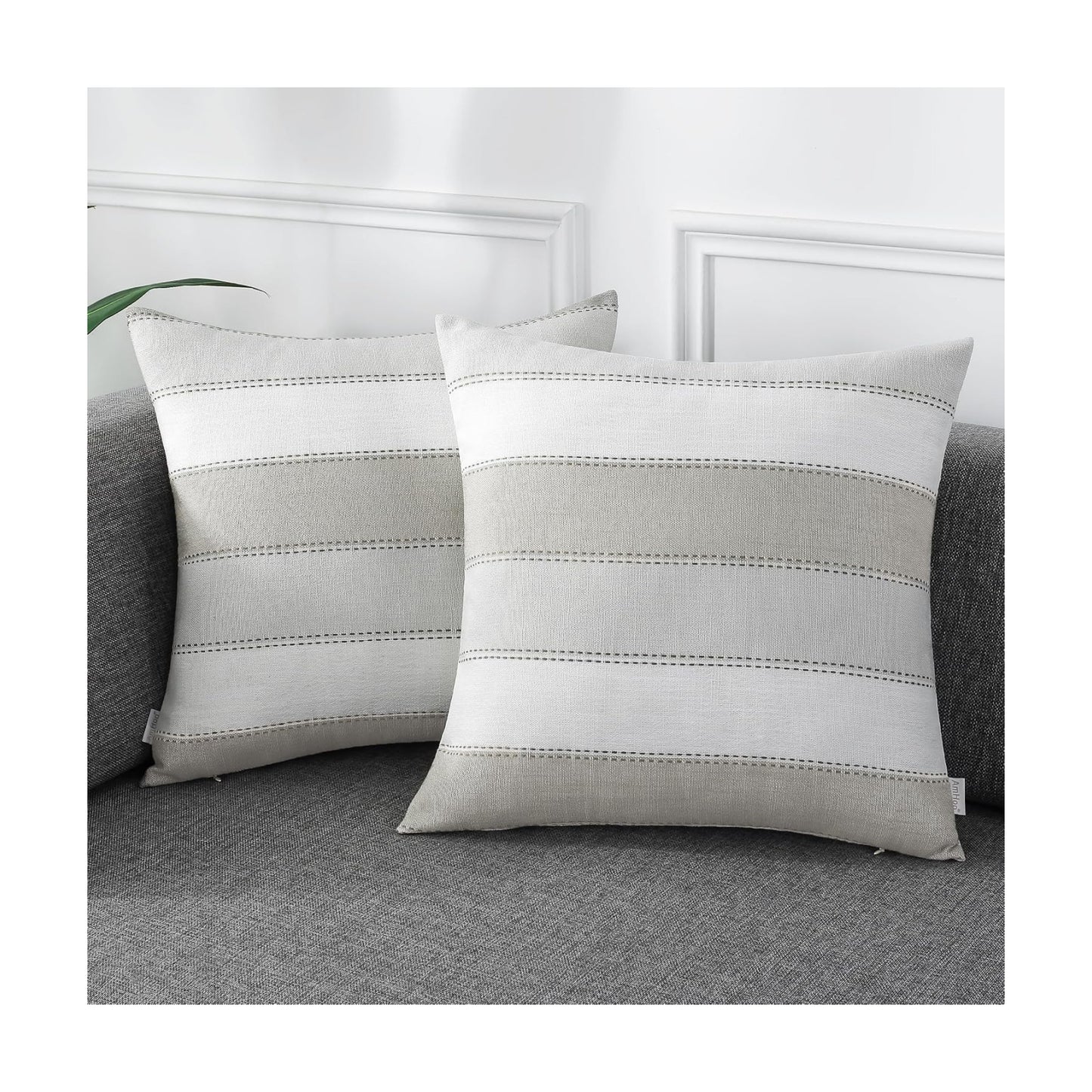 Farmhouse Stripe Check Throw Pillow Covers Set Case Cotton / 18 x 18 / Light Gray Beige / Set of 2