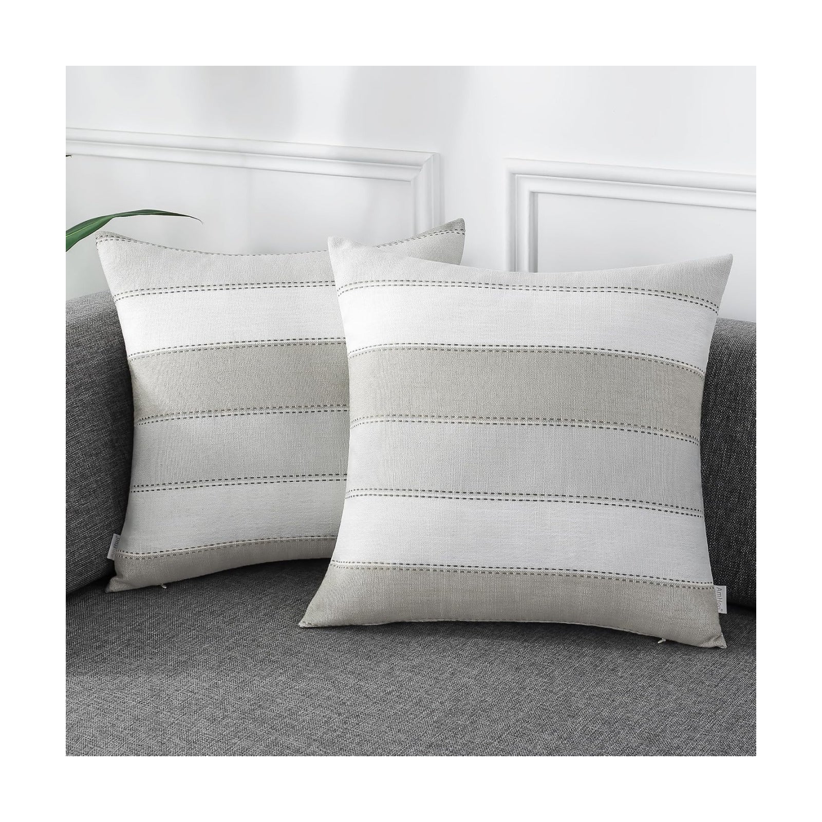 Farmhouse Stripe Check Throw Pillow Covers Set Case Cotton / 18 x 18 / Light Gray Beige / Set of 2