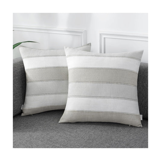 Farmhouse Stripe Check Throw Pillow Covers Set Case Cotton / 18 x 18 / Light Gray Beige / Set of 2