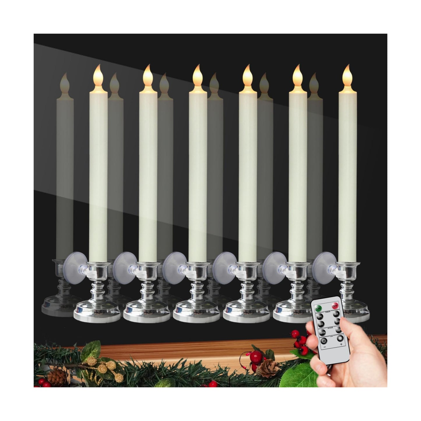6 Pack Flameless Window Candles Battery Operated with Remote Timer | LED Taper Candle with Silver Holders, Suction Cups