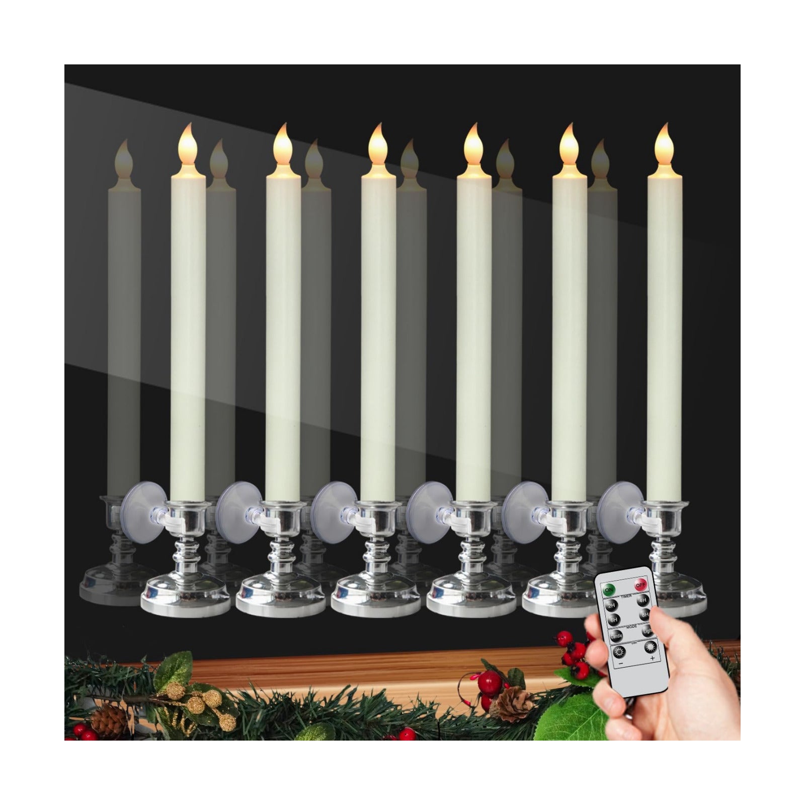 6 Pack Flameless Window Candles Battery Operated with Remote Timer | LED Taper Candle with Silver Holders, Suction Cups