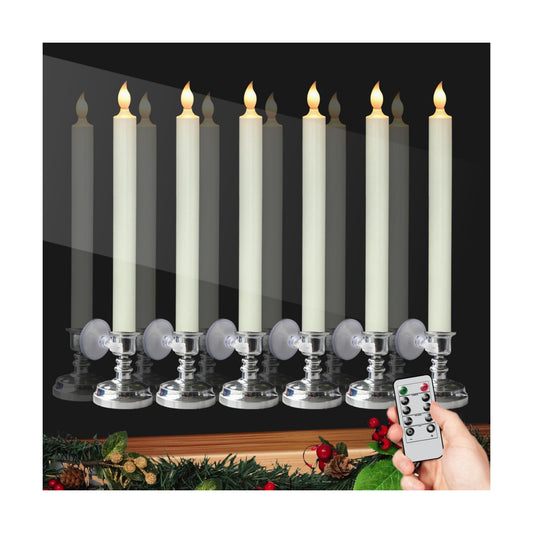 6 Pack Flameless Window Candles Battery Operated with Remote Timer | LED Taper Candle with Silver Holders, Suction Cups