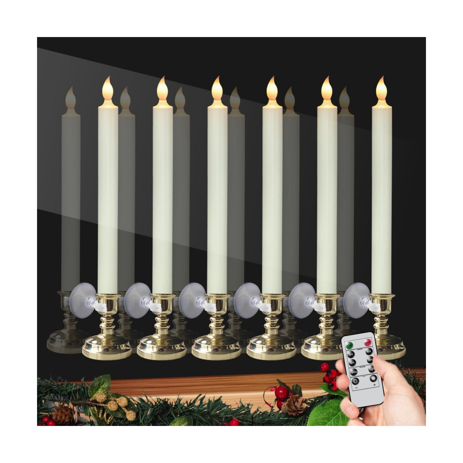 6 Pack Flameless Window Candles Battery Operated with Remote Timer | LED Taper Candle with Gold Holders, Suction Cups