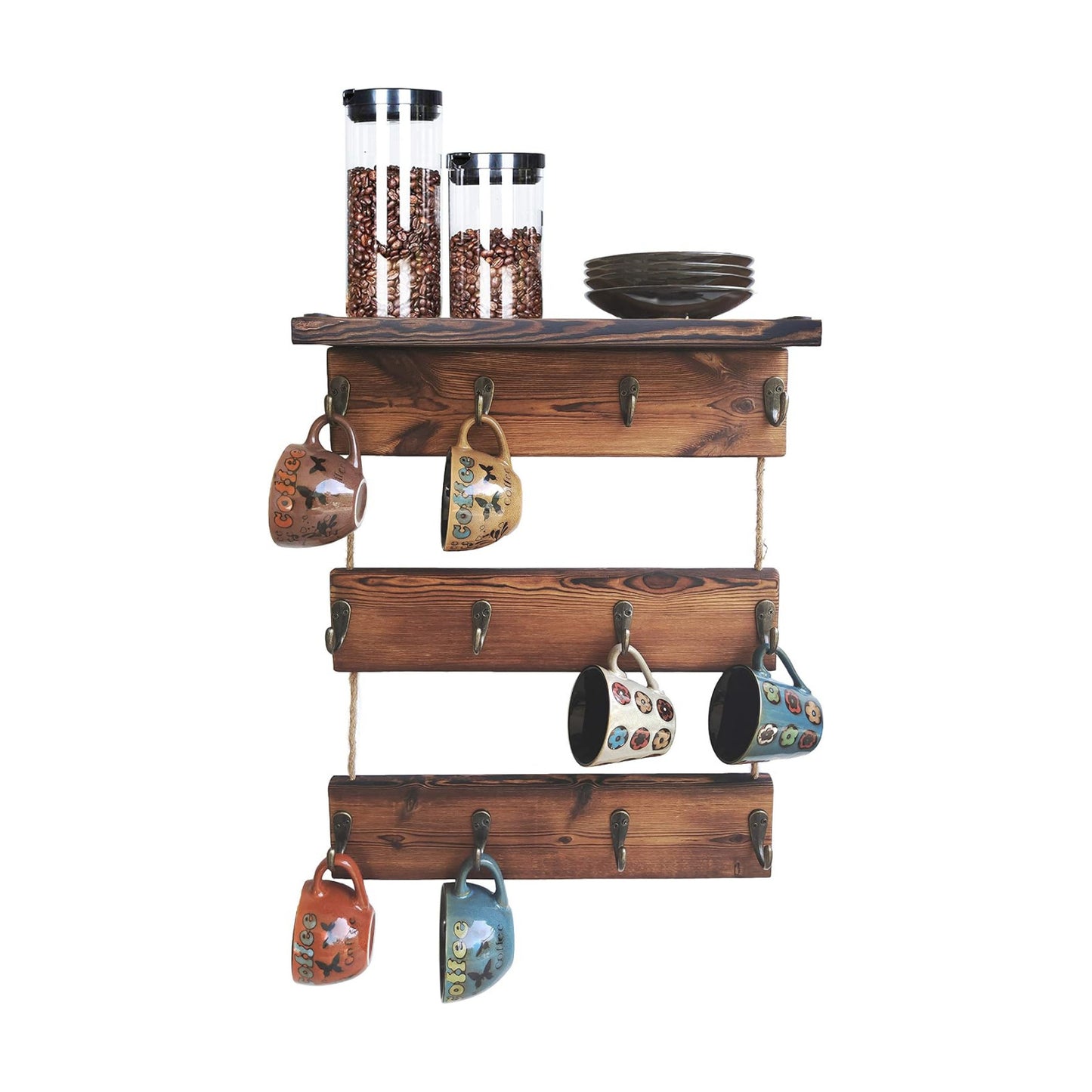 12 Hooks Coffee Cup Holder Solid Wood Mug Rack with Shelf Coffee Bar Mug Display Rustic Kitchen Storage Rack for
