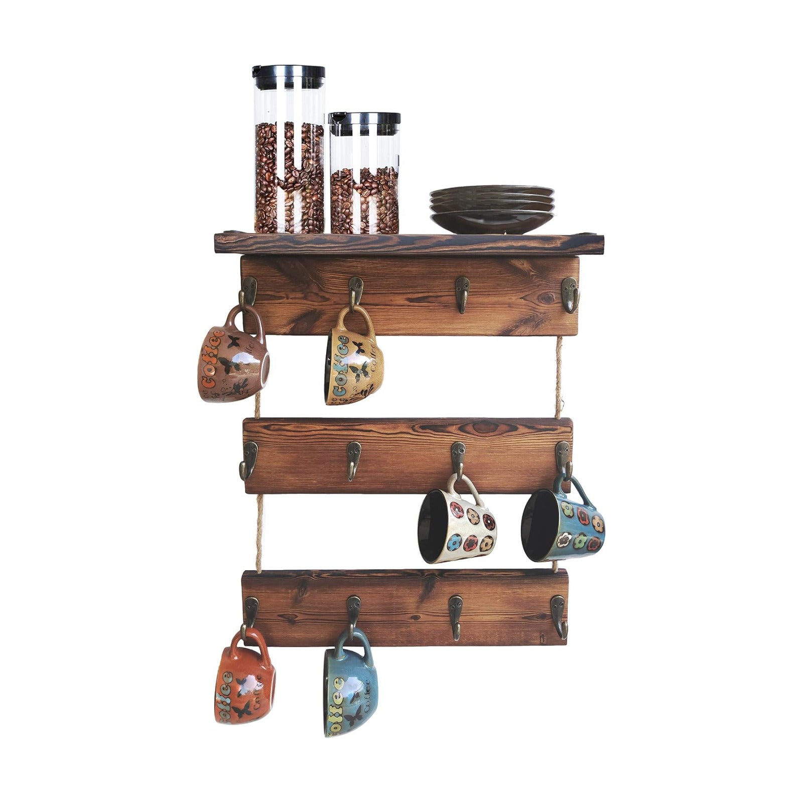 12 Hooks Coffee Cup Holder Solid Wood Mug Rack with Shelf Coffee Bar Mug Display Rustic Kitchen Storage Rack for