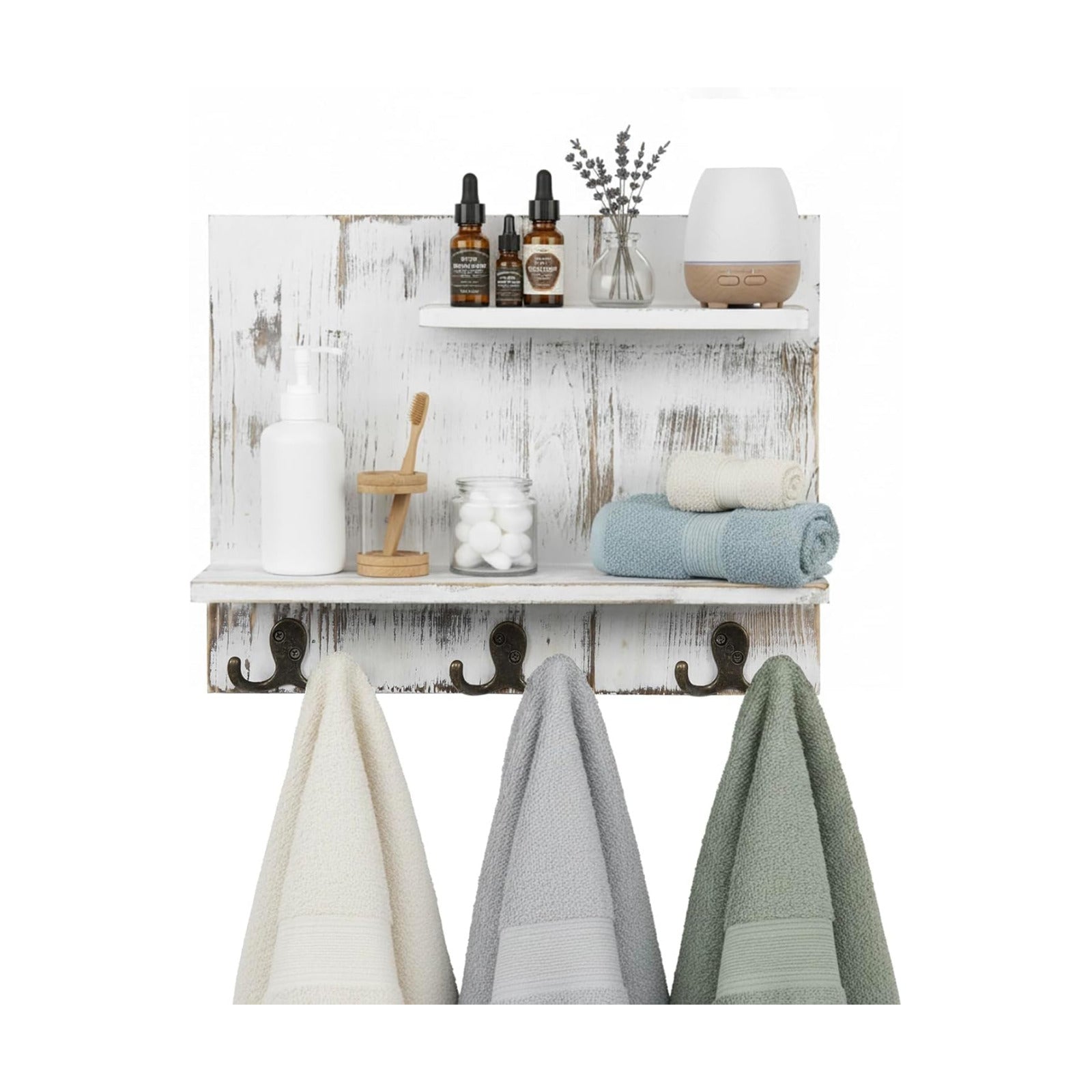 MyGift 2 Tier Wall Mounted Shabby White Washed Solid Wood Bathroom Storage Shelves, Decorative Entryway Floating Shelf