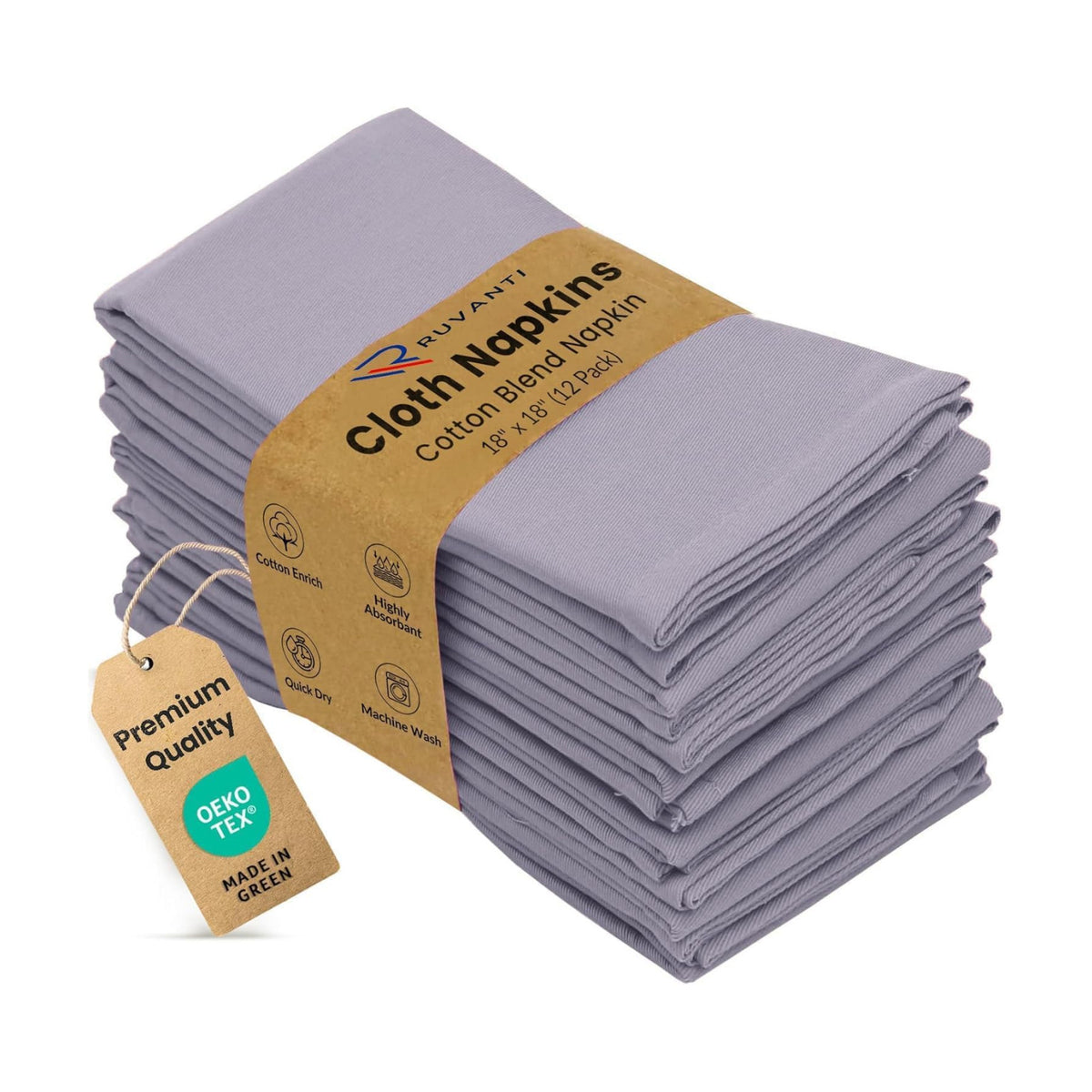 Ruvanti Cloth Napkins Set of 12, Cotton Enrich 18”x18” - Coffee Grey