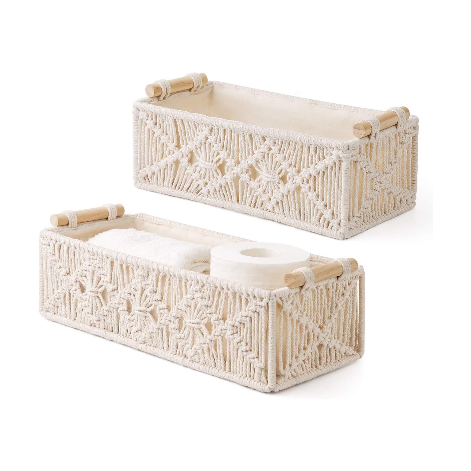 Macrame Storage Baskets Boho Decor Box Handmade Woven Decorative Countertop Toilet Tank / Ivory