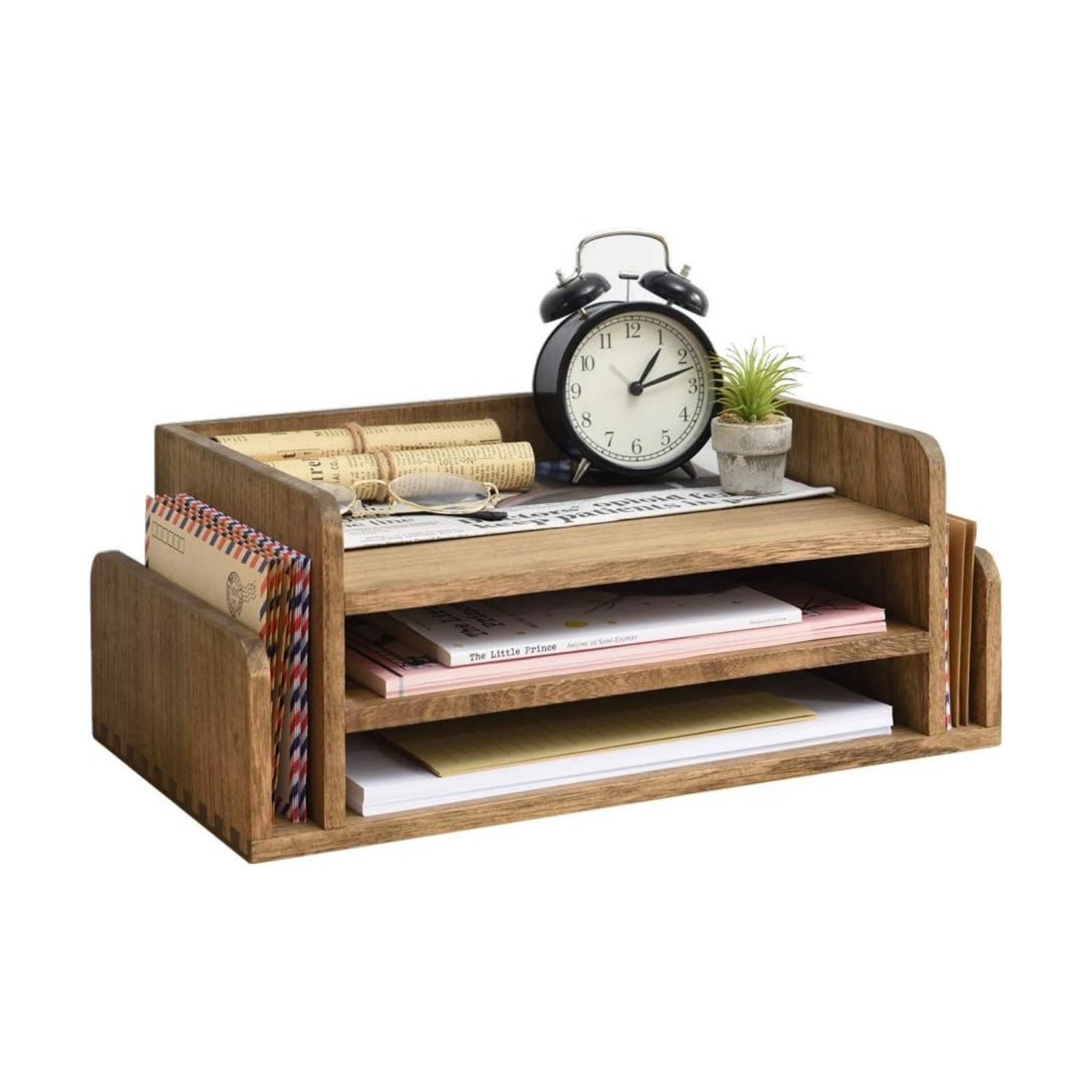 KIRIGEN Wood Desk Organizer, 5-Tray Letter Tray and Mail Sorter, Brown 2TP | Solid Wood 3-Tier Desktop Organizer with 5