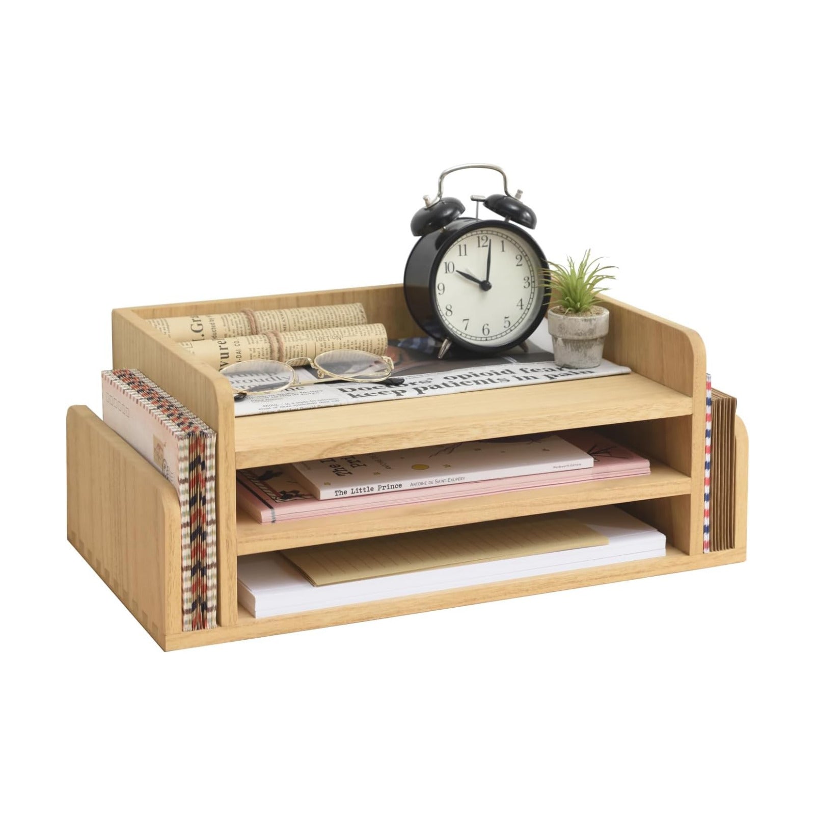 KIRIGEN Wood Desk Organizer, 5-Tray Letter Tray and Mail Sorter Natural 2TP | Solid Wood 3-Tier Desktop Organizer with
