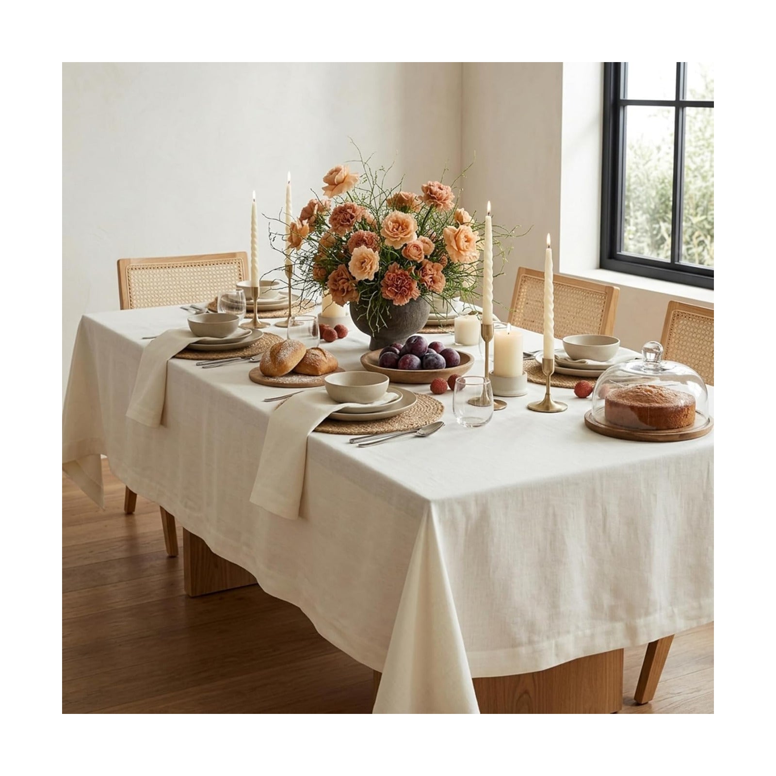 Solino Home 100% Pure Linen Tablecloth Ivory Rectangular, Fete 60 x 102 in | Linen Table Cloth for 6-8 seater dining