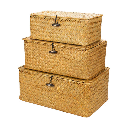 Compact Handwoven Seagrass Storage Bins Rectangular Wicker Basket / Set of 3