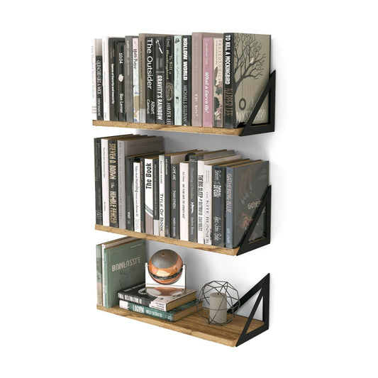 Wallniture Minori Floating Shelves Set of 3, Small Bookshelf Unit for Living Room, Office, and Bedroom, Natural Burned