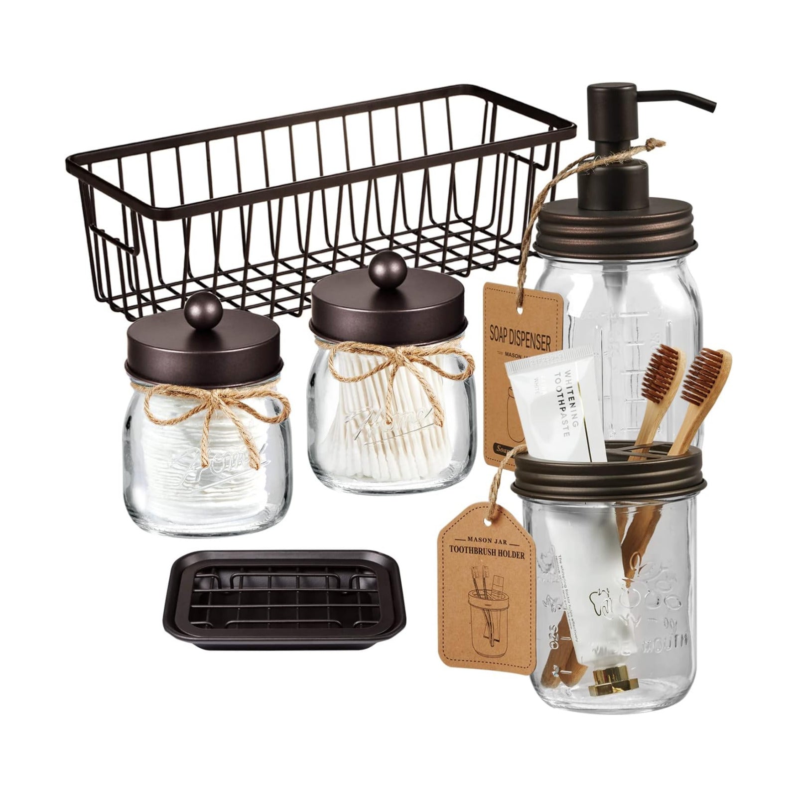 SheeChung Mason Jar Bathroom Accessories Set,6Pcs Rustic Bathroom Set,Brown | Glass Bathroom Accessory Set, Soap