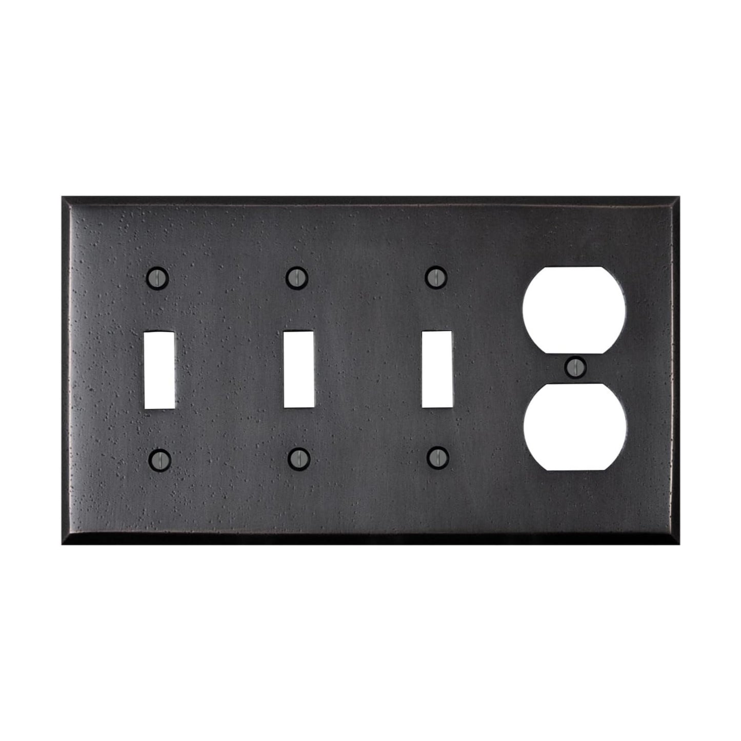 Distressed Antique Bronze Outlet Wall Plate | 3 Toggle - 1 Duplex | 8.25" x 4.5" | Hand-Polished Brass Construction