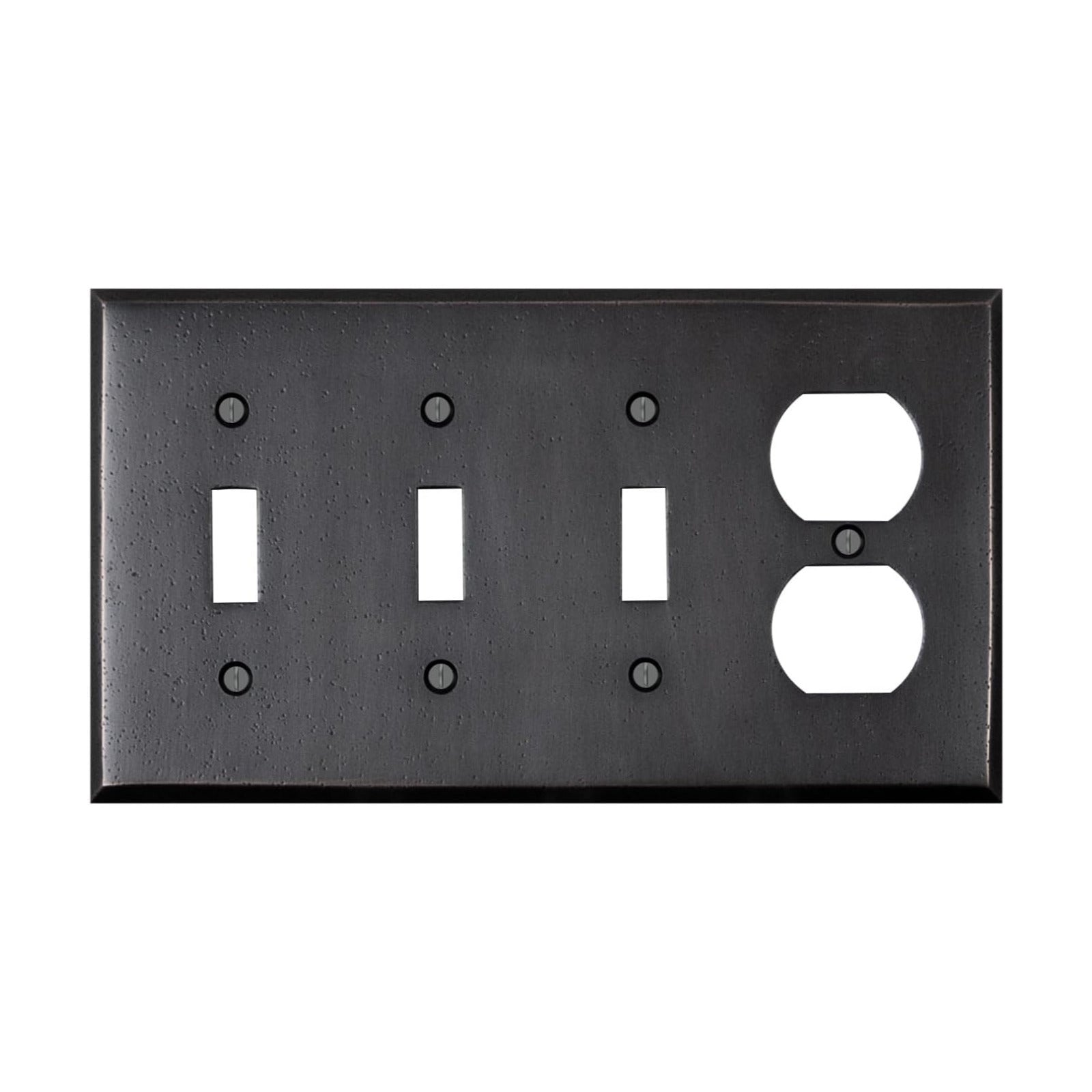 Distressed Antique Bronze Outlet Wall Plate | 3 Toggle - 1 Duplex | 8.25" x 4.5" | Hand-Polished Brass Construction