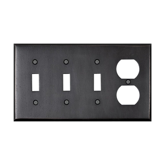 Distressed Antique Bronze Outlet Wall Plate | 3 Toggle - 1 Duplex | 8.25" x 4.5" | Hand-Polished Brass Construction
